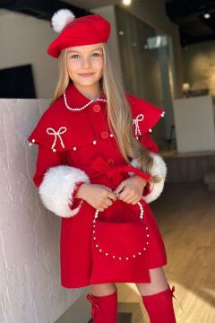 Kız Çocuk Boydan Yakası İnci Taş İşlemeli Şal Detaylı Kemerli Kırmızı Kaşe