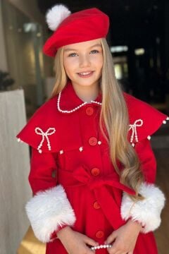 Kız Çocuk Boydan Yakası İnci Taş İşlemeli Şal Detaylı Kemerli Kırmızı Kaşe