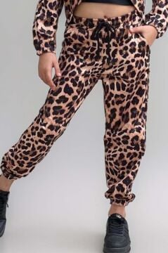 Kız Çocuk Kapüşonlu Leopar Desenli Sweatshirt ve Croplu Kahverengi Eşofman Takım