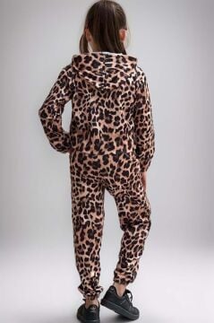 Kız Çocuk Kapüşonlu Leopar Desenli Sweatshirt ve Croplu Kahverengi Eşofman Takım