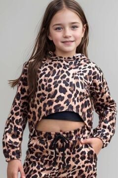Kız Çocuk Kapüşonlu Leopar Desenli Sweatshirt ve Croplu Kahverengi Eşofman Takım