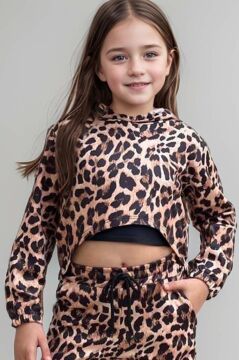 Kız Çocuk Kapüşonlu Leopar Desenli Sweatshirt ve Croplu Kahverengi Eşofman Takım