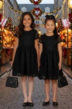 Kız Çocuk Üzeri Dantel İşlemeli İçi Astarlı Simli Siyah Abiye