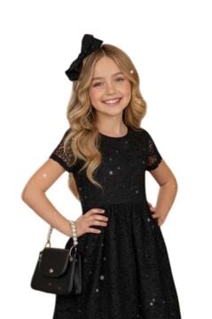 Kız Çocuk Üzeri Dantel İşlemeli İçi Astarlı Simli Siyah Abiye