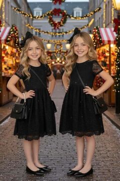 Kız Çocuk Üzeri Dantel İşlemeli İçi Astarlı Simli Siyah Abiye