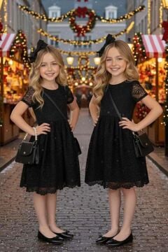 Kız Çocuk Üzeri Dantel İşlemeli İçi Astarlı Simli Siyah Abiye