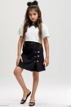 Kız Çocuk Yırtmaç ve Önü Çengel Detaylı Etek Gömlek Yaka Kısa Kollu Beyaz Tişört Etekli Takım