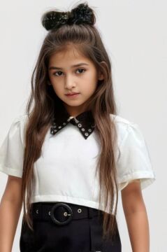 Kız Çocuk Yırtmaç ve Önü Çengel Detaylı Etek Gömlek Yaka Kısa Kollu Beyaz Tişört Etekli Takım