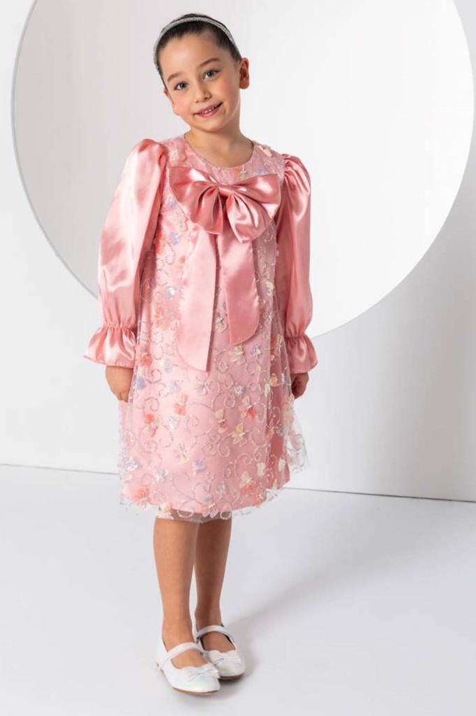 Kız Çocuk Göğsü Kurdele ve Üzeri Kelebek İşlemeli İspanyol Kollu Somon Şifon Elbise