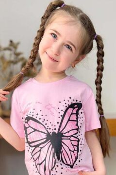 Kız Çocuk Kara Kalem Kelebek Baskılı Penye Pembe T-Shirt Şortlu Takım