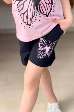 Kız Çocuk Kara Kalem Kelebek Baskılı Penye Pembe T-Shirt Şortlu Takım