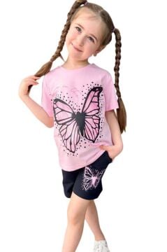 Kız Çocuk Kara Kalem Kelebek Baskılı Penye Pembe T-Shirt Şortlu Takım