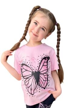 Kız Çocuk Kara Kalem Kelebek Baskılı Penye Pembe T-Shirt Şortlu Takım