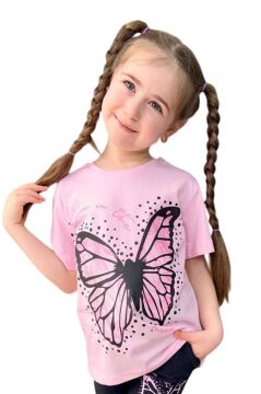 Kız Çocuk Kara Kalem Kelebek Baskılı Penye Pembe T-Shirt Şortlu Takım
