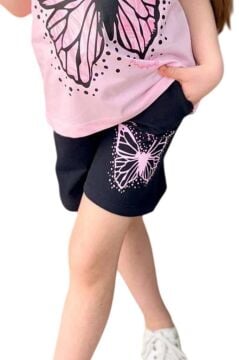Kız Çocuk Kara Kalem Kelebek Baskılı Penye Pembe T-Shirt Şortlu Takım