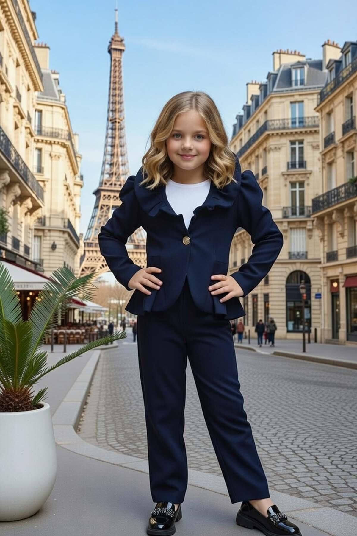 Kız Çocuk Asimetrik Kesim Fırfırlı Yaka Kloş Ceket Lacivert Alt Üst Takım