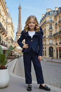 Kız Çocuk Asimetrik Kesim Fırfırlı Yaka Kloş Ceket Lacivert Alt Üst Takım