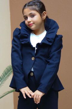 Kız Çocuk Asimetrik Kesim Fırfırlı Yaka Kloş Ceket Lacivert Alt Üst Takım