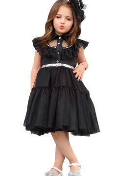 Kız Çocuk Gömlek Yaka Taş İşlemeli Göğsü Fırfırlı Sıfır Kol Kemerli Eteği Tüllü Siyah Elbise