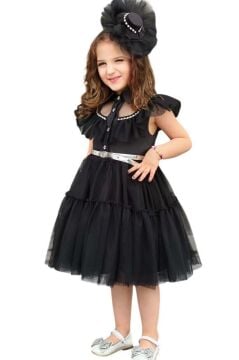 Kız Çocuk Gömlek Yaka Taş İşlemeli Göğsü Fırfırlı Sıfır Kol Kemerli Eteği Tüllü Siyah Elbise