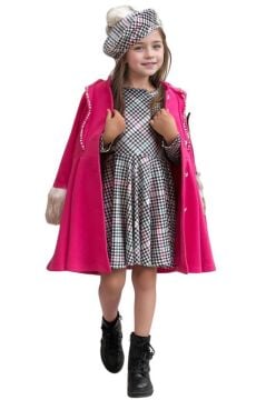 Kız Çocuk Kazayağı Desen Elbise Kolları Peluş ve Omuzları İnci İşleme Kemerli Fuşya Kaşe Kaban