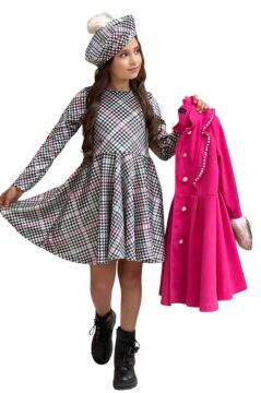 Kız Çocuk Kazayağı Desen Elbise Kolları Peluş ve Omuzları İnci İşleme Kemerli Fuşya Kaşe Kaban