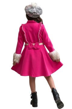 Kız Çocuk Kazayağı Desen Elbise Kolları Peluş ve Omuzları İnci İşleme Kemerli Fuşya Kaşe Kaban