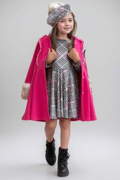 Kız Çocuk Kazayağı Desen Elbise Kolları Peluş ve Omuzları İnci İşleme Kemerli Fuşya Kaşe Kaban