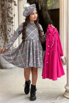 Kız Çocuk Kazayağı Desen Elbise Kolları Peluş ve Omuzları İnci İşleme Kemerli Fuşya Kaşe Kaban