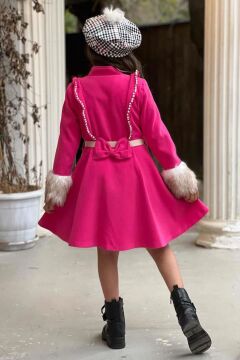 Kız Çocuk Kazayağı Desen Elbise Kolları Peluş ve Omuzları İnci İşleme Kemerli Fuşya Kaşe Kaban