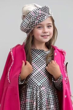 Kız Çocuk Kazayağı Desen Elbise Kolları Peluş ve Omuzları İnci İşleme Kemerli Fuşya Kaşe Kaban
