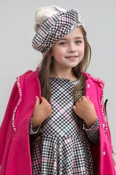 Kız Çocuk Kazayağı Desen Elbise Kolları Peluş ve Omuzları İnci İşleme Kemerli Fuşya Kaşe Kaban