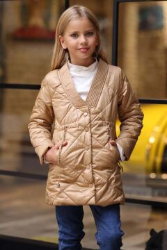 Kız Çocuk Yakası Şerit ve Üzeri Kare Dikiş Detaylı Cepli Çıtçıt Düğme Şişme Krem Mont