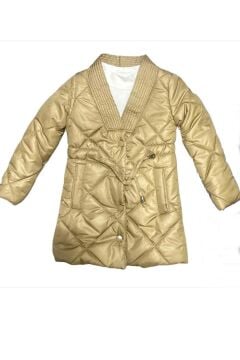 Kız Çocuk Yakası Şerit ve Üzeri Kare Dikiş Detaylı Cepli Çıtçıt Düğme Şişme Krem Mont