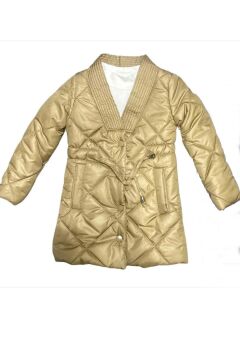 Kız Çocuk Yakası Şerit ve Üzeri Kare Dikiş Detaylı Cepli Çıtçıt Düğme Şişme Krem Mont