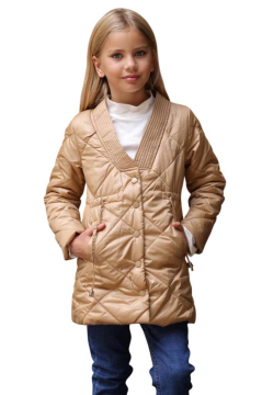 Kız Çocuk Yakası Şerit ve Üzeri Kare Dikiş Detaylı Cepli Çıtçıt Düğme Şişme Krem Mont