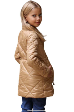 Kız Çocuk Yakası Şerit ve Üzeri Kare Dikiş Detaylı Cepli Çıtçıt Düğme Şişme Krem Mont