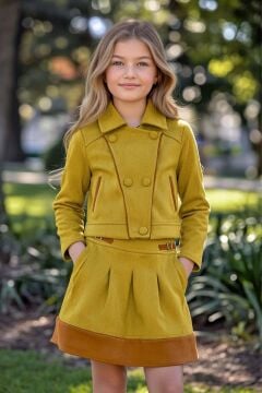 Kız Çocuk Şerit Detaylı Gömlek Yaka Ceket Beli Manşetli Piliseli Süet Hardal Etekli Takım