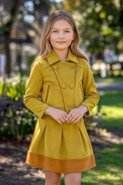 Kız Çocuk Şerit Detaylı Gömlek Yaka Ceket Beli Manşetli Piliseli Süet Hardal Etekli Takım