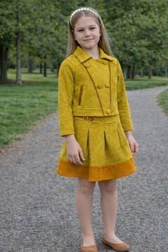 Kız Çocuk Şerit Detaylı Gömlek Yaka Ceket Beli Manşetli Piliseli Süet Hardal Etekli Takım