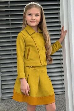 Kız Çocuk Şerit Detaylı Gömlek Yaka Ceket Beli Manşetli Piliseli Süet Hardal Etekli Takım