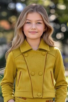 Kız Çocuk Şerit Detaylı Gömlek Yaka Ceket Beli Manşetli Piliseli Süet Hardal Etekli Takım