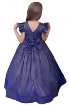 Kız Çocuk Omuzları Fırfır Detaylı Üzeri Simli Pırıltılı Gece Mavisi Abiye