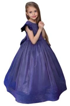 Kız Çocuk Omuzları Fırfır Detaylı Üzeri Simli Pırıltılı Gece Mavisi Abiye