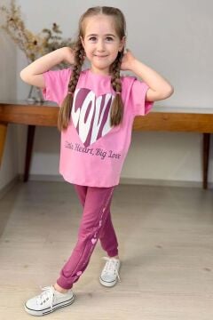 Kız Çocuk Love Kalp Baskılı T-Shirt Şerit Yazı Detaylı Pembe Eşofman Takım