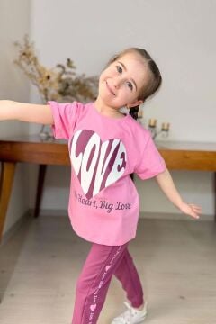 Kız Çocuk Love Kalp Baskılı T-Shirt Şerit Yazı Detaylı Pembe Eşofman Takım