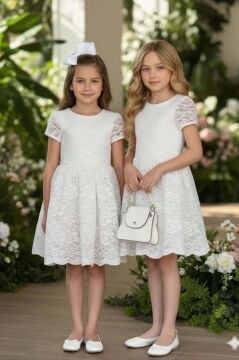 Kız Çocuk Üzeri Dantel İşlemeli İçi Astarlı Simli Beyaz Abiye