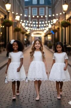 Kız Çocuk Üzeri Dantel İşlemeli İçi Astarlı Simli Beyaz Abiye