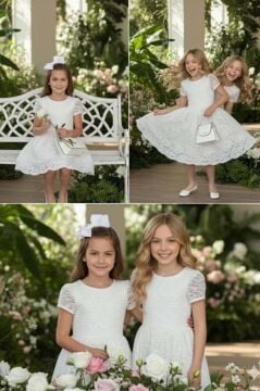 Kız Çocuk Üzeri Dantel İşlemeli İçi Astarlı Simli Beyaz Abiye