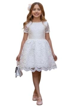 Kız Çocuk Üzeri Dantel İşlemeli İçi Astarlı Simli Beyaz Abiye